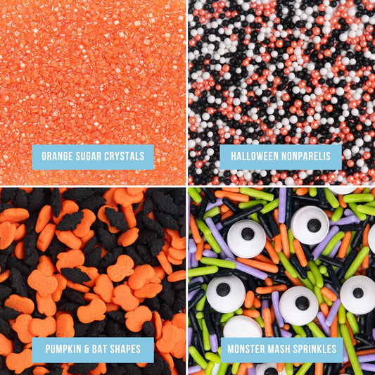 Sweets Indeed Halloween Sprinkles 4-Pack – 11.57 oz Jar Set | Candy Eyeball Mix, Bat & Pumpkin Quin Mix, Orange Sanding Sugar & Black/White/Orange Nonpareils | Cupcake & Cookie Decorations