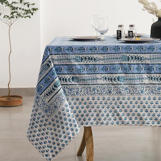 Labhanshi Blue Indian Handblock Print Pre-Washed Cotton Floral 60x90 Inch Rectangle 6-Seater Tablecloth|Farmhouse Decorative Party Event Wedding Spring Easter Festive Holiday Decor|Blue