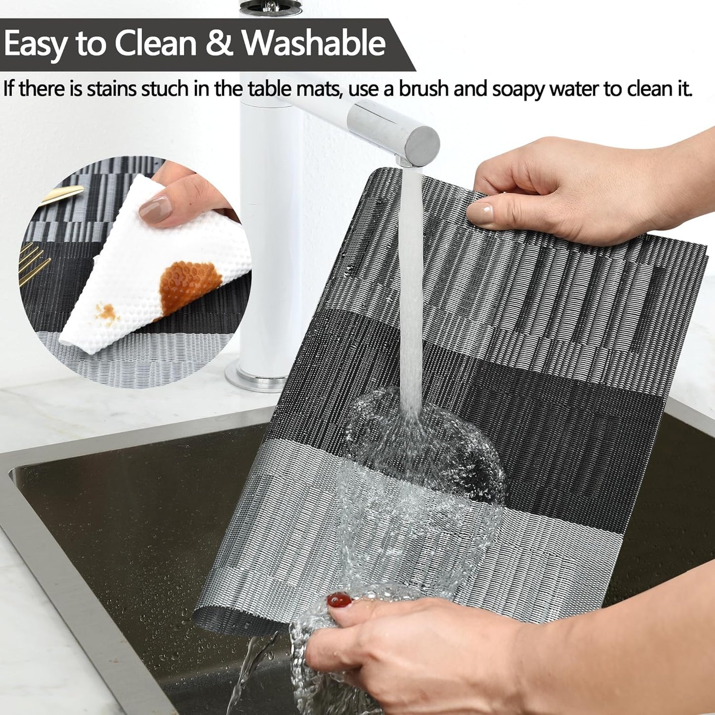SLKQG Placemats Set of 4 - Washable Easy Clean Vinyl Placemats - Heat Resistant PVC Place Mats for Dining Table - (Black and Gray, 4)