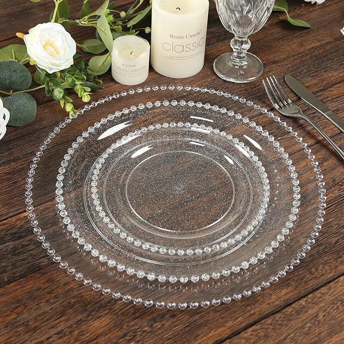 Efavormart 10-Pack Economy Plastic Charger Plates 13" Round Clear Beaded Rim - Stylish Dinner Party Serving Plates