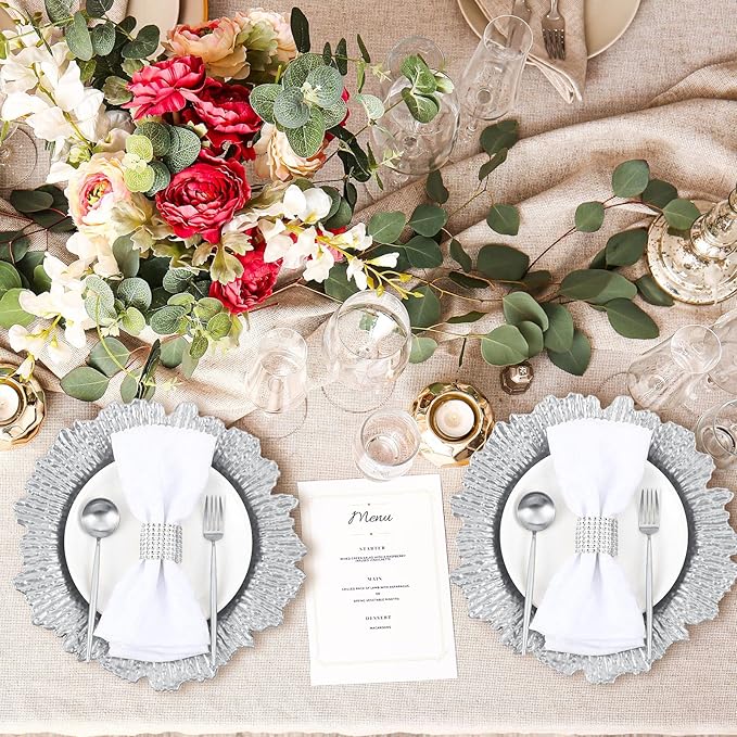 Tanlade 100 Pcs Reef Charger Plates Bulk 13 Inch Plastic Wedding Chargers Floral Decorative Plates with Metallic Ruffled Rim for Wedding Party, Holiday Event Supplies(Silver)