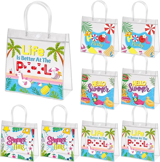 H1vojoxo Summer Themed Gift Bags - 24PCS Pool Beach Party Favor Clear Bags with Handles 7.87x3.2x7.87 Inch Summer Clear PVC Gift Bag 4 Styles Waterproof and Reusable Pool Goodie Treat Party Tote Bag