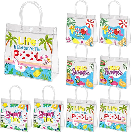 H1vojoxo Summer Themed Gift Bags - 24PCS Pool Beach Party Favor Clear Bags with Handles 7.87x3.2x7.87 Inch Summer Clear PVC Gift Bag 4 Styles Waterproof and Reusable Pool Goodie Treat Party Tote Bag