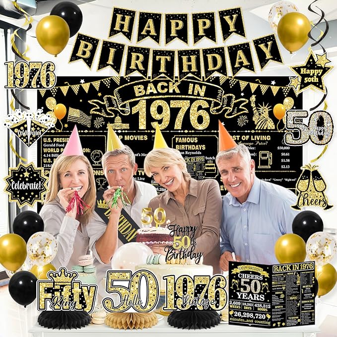 50th Birthday Decorations for Men, Black Gold Back in 1976 Party Supplies with Banner, Backdrop, Sash, Balloons, Cake Topper, Honeycomb Decorations, Happy 50 Year Old Birthday Decor Kit