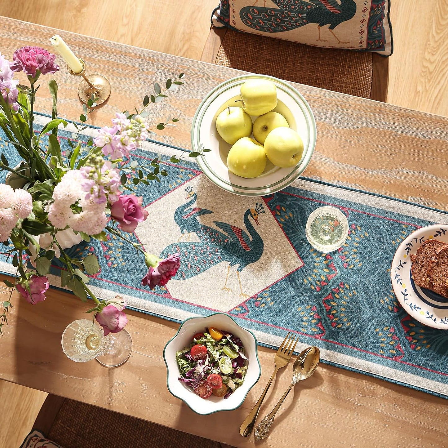 bilingaier Vintage Blue Peacock Small Table Runner for Table,Decorative Linen 102 Inches Long Table Runners,Decor Tabletop for Kitchen,Dining,Tea Party,Home,Christmas,12"*102"