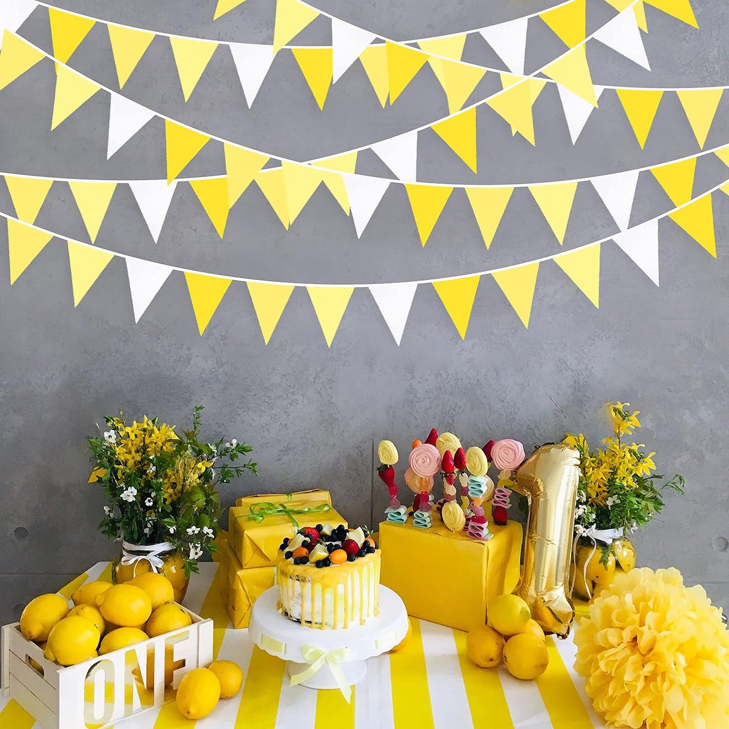 32Ft Yellow Party Decorations Yellow White Pennant Banner Fabric Triangle Flag Bunting Garland for Lemon Bee Sunflower Birthday Baby Shower Anniversary Wedding Party Home Outdoor Garden Decorations