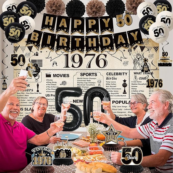 DARUNAXY 50th Birthday Party Decorations for Men Women, Vintage Back in 1976 Banner, Black 50 Number Balloons & Cake Topper, Vintage 1976 50 Birthday Honeycomb Hanging Swirl Confetti Balloons(30PC)