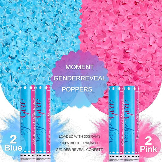 Confetti Cannon Gender Reveal 12 inch Powder Confetti Poppers for Boy or Girl Set of 4 Gender Reveal Decorations Smoke Cannon Party Poppers for Gender Reveal Party Blue or Pink Confetti Powder Poppers