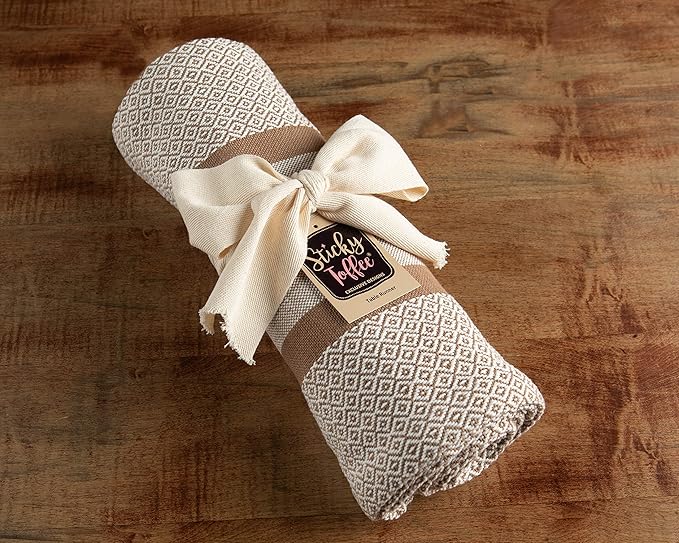 Sticky Toffee Cotton Table Runner, 14 x 72 Inch, Woven Farmhouse Boho Striped Table Décor for Kitchen or Dining, Tan Oeko-Tex Fabric