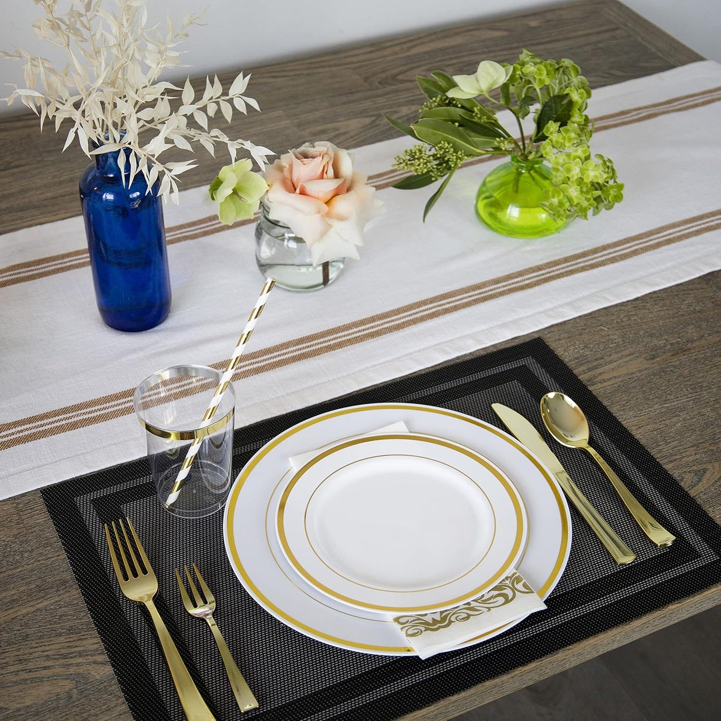 Neatiffy 200 Pcs Gold Plastic Silverware Disposable Cutlery Set, Includes 50 Forks, 50 Spoons, 50 Knives, 50 Medium Forks, Utensils Set for Catering, Parties, Dinners, Weddings