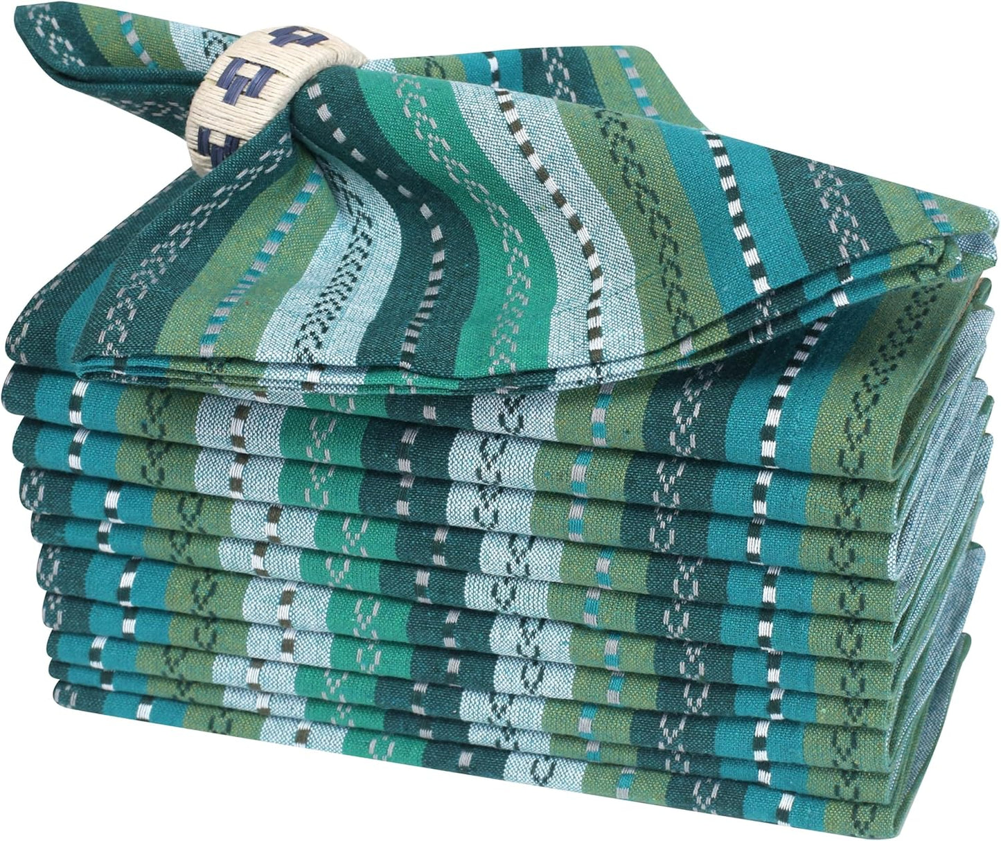 Bedding Craft Cotton Cloth Dinner Napkins Set of 12 – 18x18 Green Multi Salsa Stripe – Durable Machine Washable Fabric Napkins for Weddings, Restaurants, Kitchen & Everyday Dining