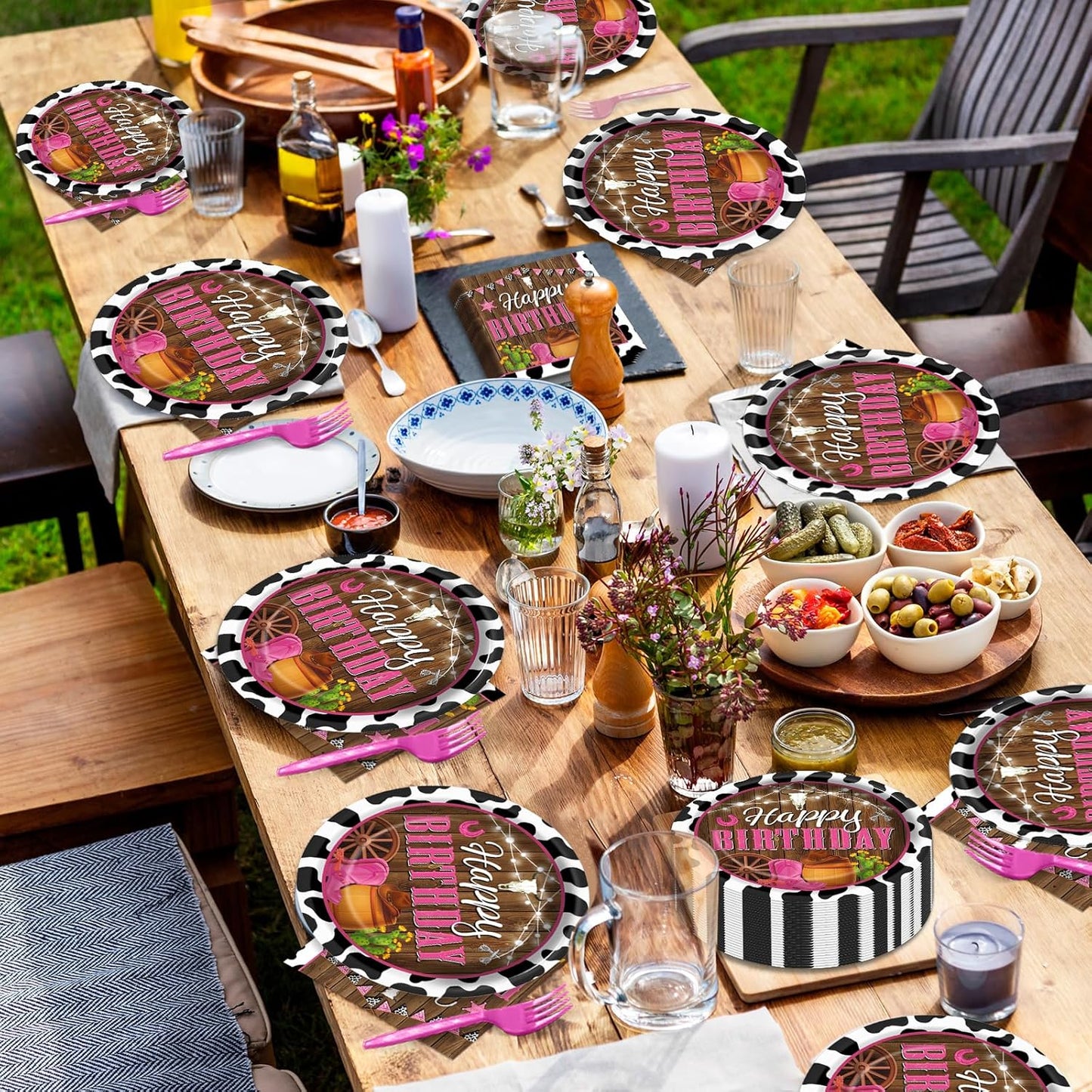 gisgfim 200pcs Cowgirl Birthday Party Decorations - Western Plates, Napkins & Disposable Forks - Pink Cow Western Girl Rodeo Tableware Set - Serves 50