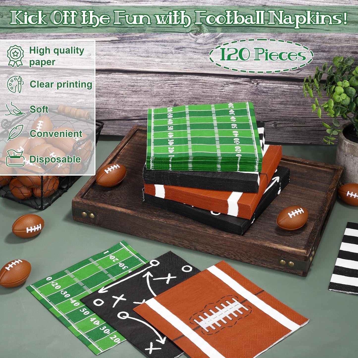 120 Pieces Football Disposable Cocktail Paper Napkins Football Party Decorations 6.5 x 6.5 Inch 3-Ply Football Party Napkins for Football Birthday Party Favors