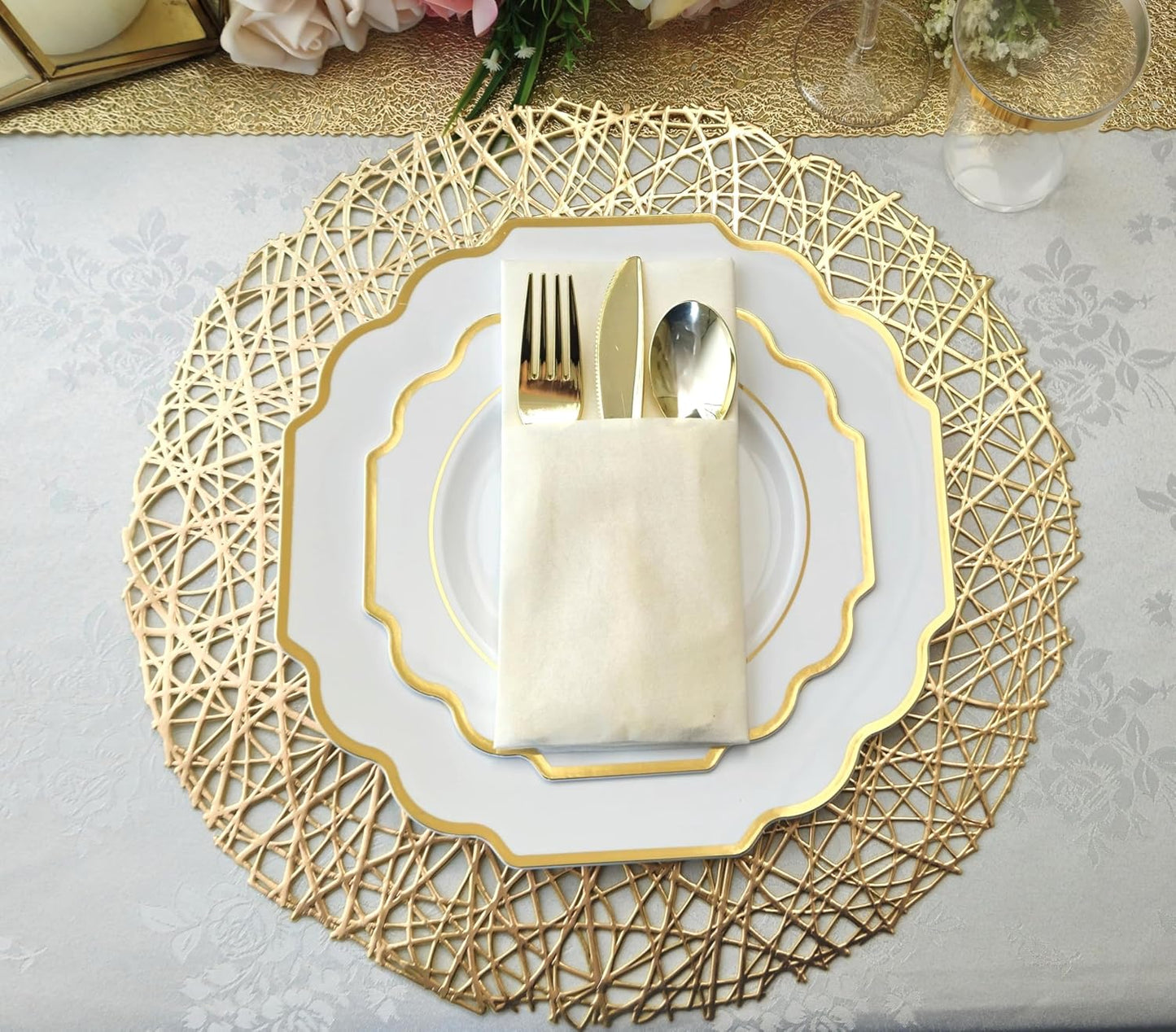 " OCCASIONS " 120 Plates Pack,(60 Guests) Heavyweight Wedding Party Disposable Plastic Plates Set -60 x 10.5'' Dinner + 60 x 8'' Salad/Dessert Plate (Imperial White & Gold)