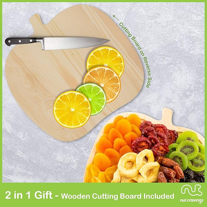 NUT CRAVINGS - Halloween Treats For Adults Dried Fruit & Mixed Nuts Gift Basket in Wooden Apple-Shaped Tray (9 Assortments) Holiday Xmas Christmas Food Arrangement, Healthy Snack Care Package,