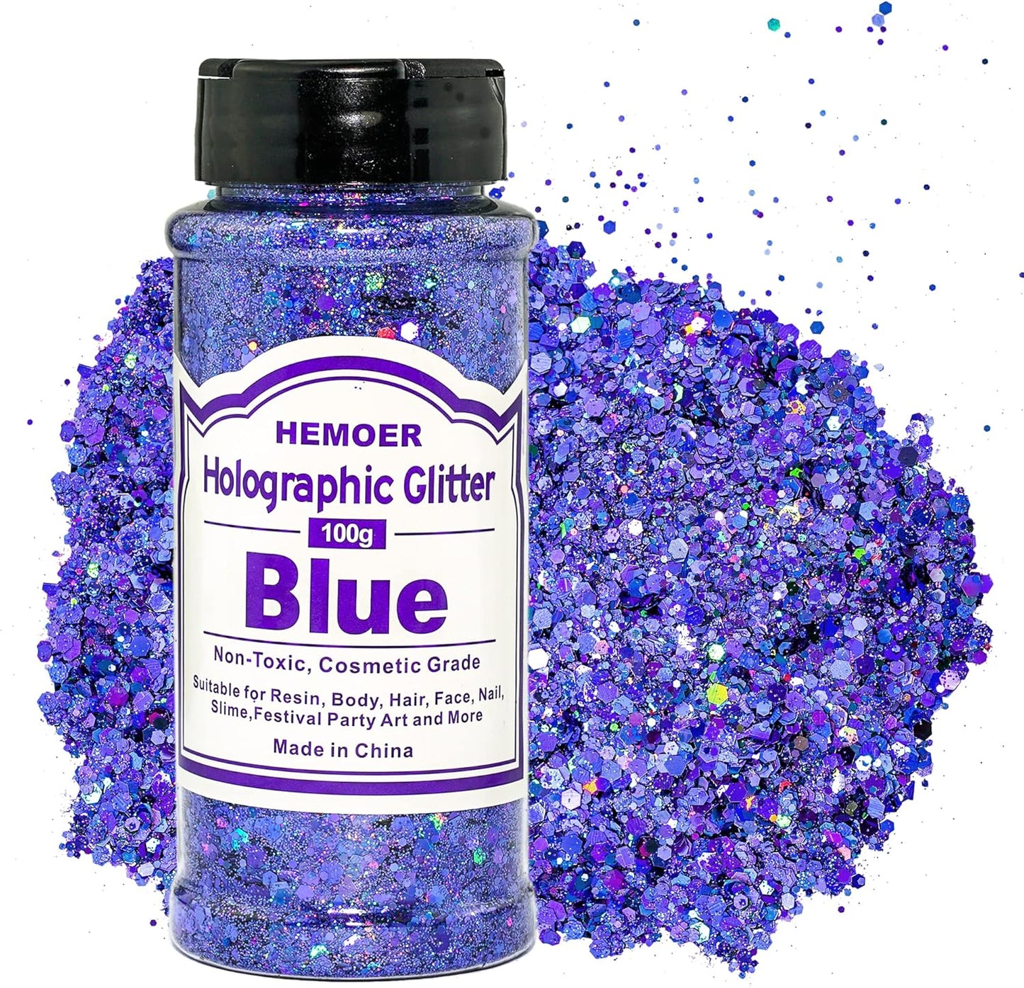 HEMOER Blue Glitter, 100g/3.5oz Holographic Chunky Glitter Mixed Hexagon Chunky & Fine Flakes Iridescent Sequins for Epoxy Crafts, Resin, Nail Body, Tumblers, Party Decoration