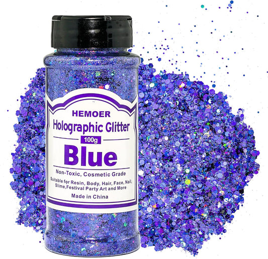 HEMOER Blue Glitter, 100g/3.5oz Holographic Chunky Glitter Mixed Hexagon Chunky & Fine Flakes Iridescent Sequins for Epoxy Crafts, Resin, Nail Body, Tumblers, Party Decoration