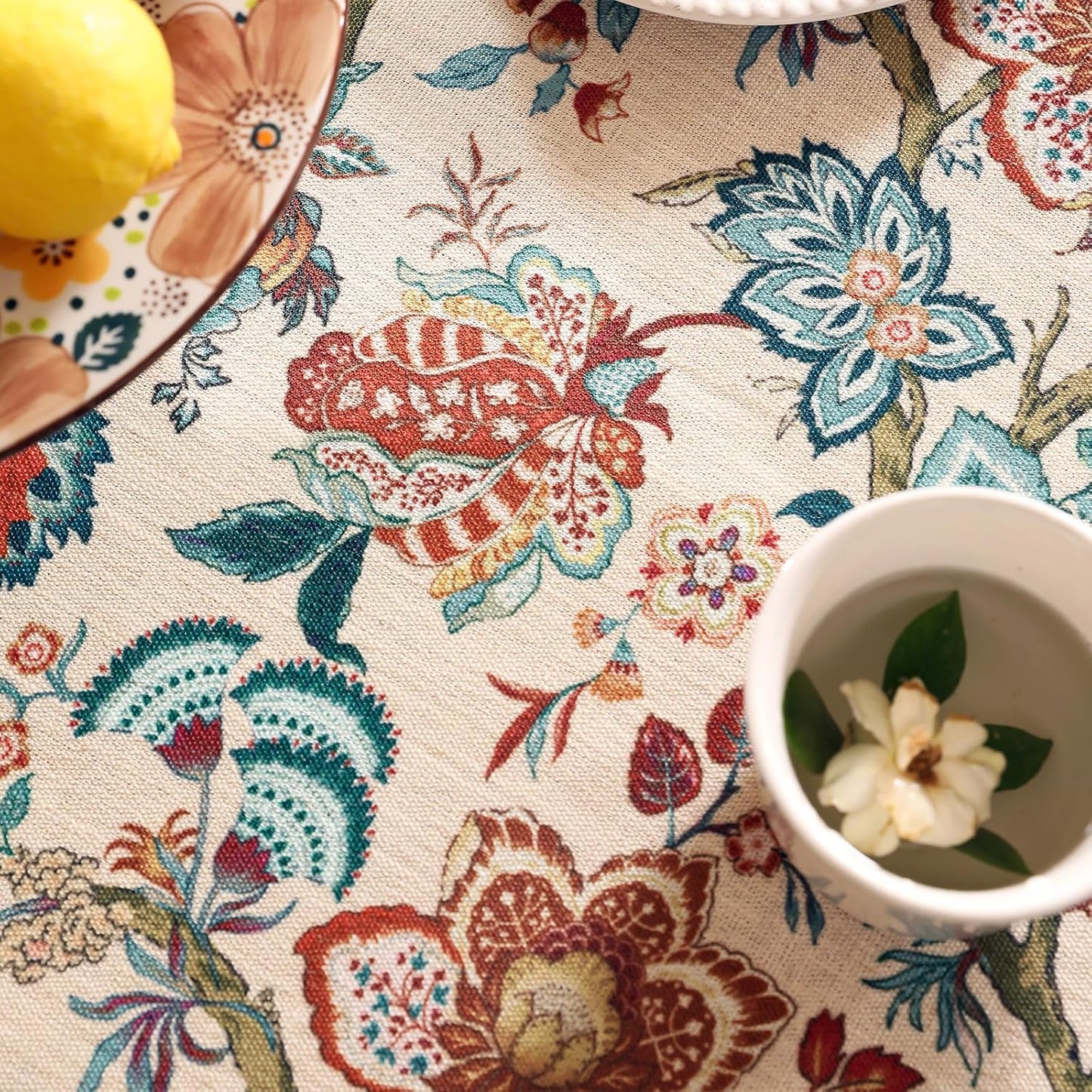 Linen Colorful Floral Rectangle Tablecloth,Vintage Indian Colorfast Block Print Extra Long Table Cloth,Decor Table Cover for Kitchen,Dining,Thanksgiving,Christmas,63"*110"-Mangala