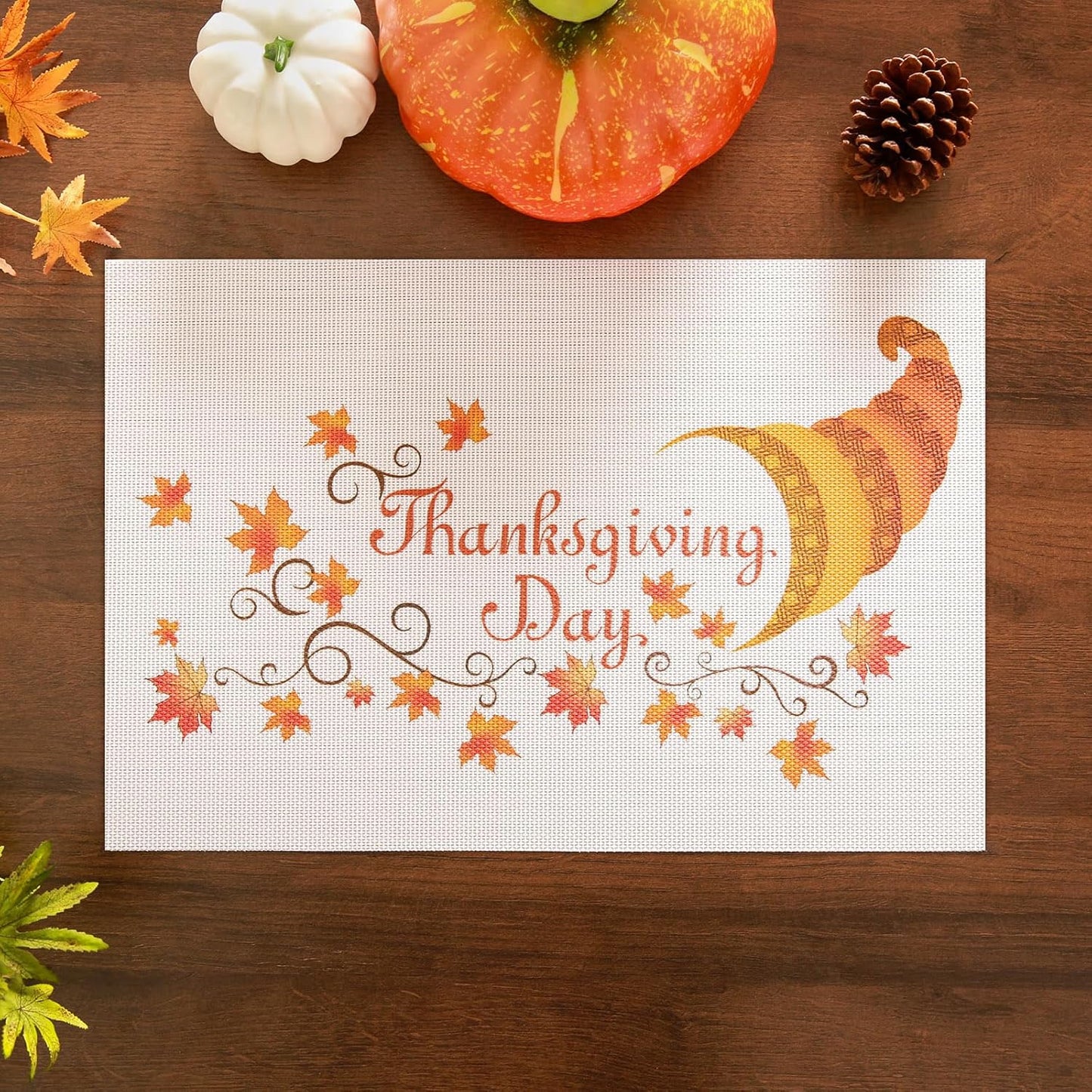 Thanksgiving Placemats Set of 6 Fall Place Mats Pumpkin Maple Leaves Table Mats Washable Non-Slip Heatproof Woven Placemats for Dining Table (17.7" X 11.8")