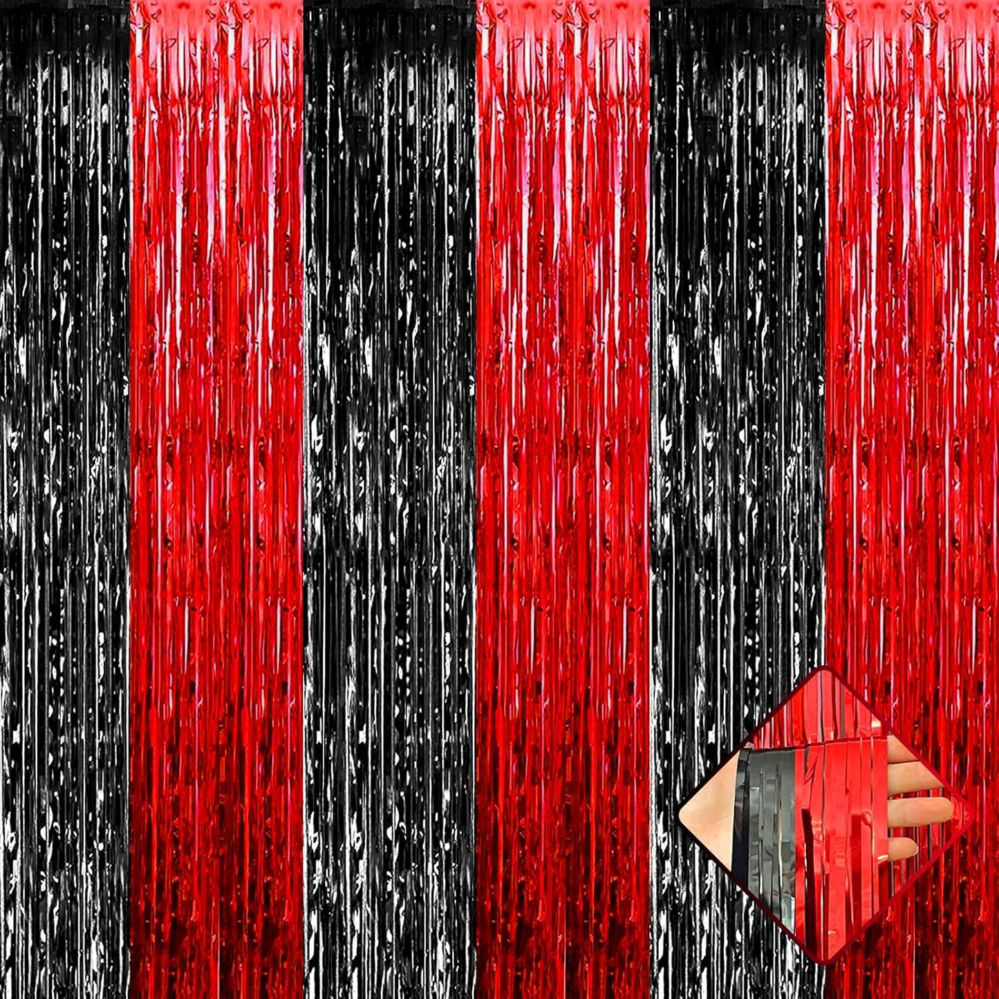 4 Pack 3.2Ft x 6.6Ft Black Red Foil Fringe Curtain Backdrop, Metallic Tinsel Foil Fringe Streamers Curtains Background for Casino Viva Las Vegas Game Night Birthday Party Decoration