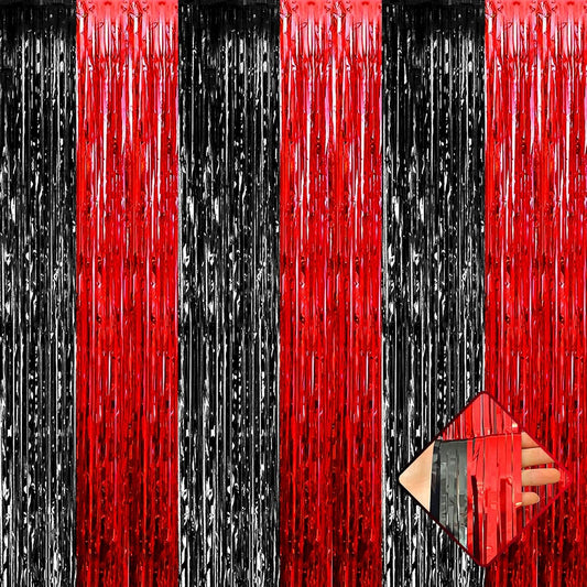 4 Pack 3.2Ft x 6.6Ft Black Red Foil Fringe Curtain Backdrop, Metallic Tinsel Foil Fringe Streamers Curtains Background for Casino Viva Las Vegas Game Night Birthday Party Decoration