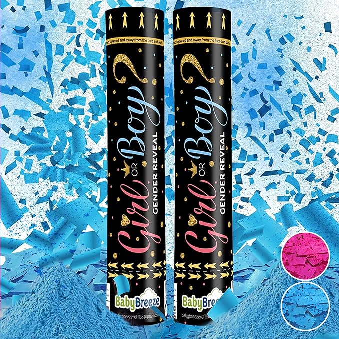 Gender Reveal Confetti Powder Cannon, Biodegradable, Boy Blue and Girl Pink Gender Reveal Poppers - He or She Smoke Bomb Baby Shower Baby Party Decorations Supplies Sticks (2 Blue)