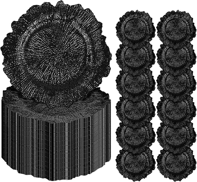Pesonlook 100Pcs Black Charger Plates Round 13inch, Reef Plate Chargers for Dinner, Bulk Plastic Floral Table Charger Plates for Dinner Wedding Party Event Table Setting Decoration(Black)