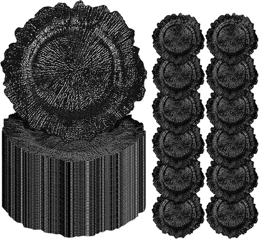 Pesonlook 100Pcs Black Charger Plates Round 13inch, Reef Plate Chargers for Dinner, Bulk Plastic Floral Table Charger Plates for Dinner Wedding Party Event Table Setting Decoration(Black)