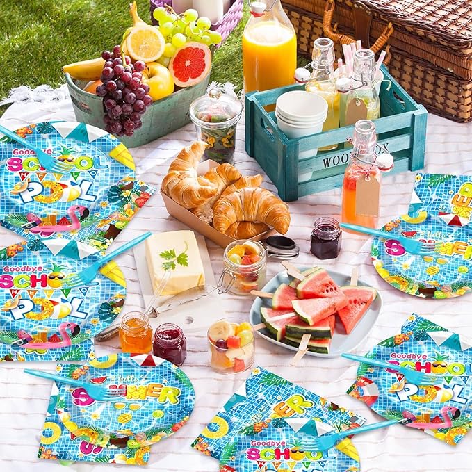 OBUSATT 96 Pcs Goodbye School Hello Pool Party Supplies Summer Beach Paper Plates Napkins Summer Vacation Dinnerware Party Decorations Favor for End of School Year Serves 24