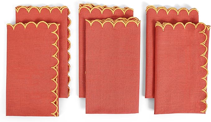 FINGERCRAFT Cloth Napkins, Everyday Use Scallop Design, Premium Quality Natural Cotton Napkin Set of 6 Perfect for Parties Dinners Weddings Easter Napkin Cloth 20x20 inch Rust/Gold