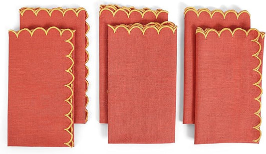 FINGERCRAFT Cloth Napkins, Everyday Use Scallop Design, Premium Quality Natural Cotton Napkin Set of 6 Perfect for Parties Dinners Weddings Easter Napkin Cloth 20x20 inch Rust/Gold