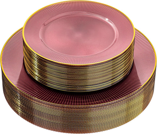 Hioasis 60pcs Burgundy and Gold Plastic Plates - Burgundy Disposable Dinnerware Set, 30pcs Dinner 10.25in & 30pcs Dessert 7.5in Plates with Striped Designs for Party & Wedding