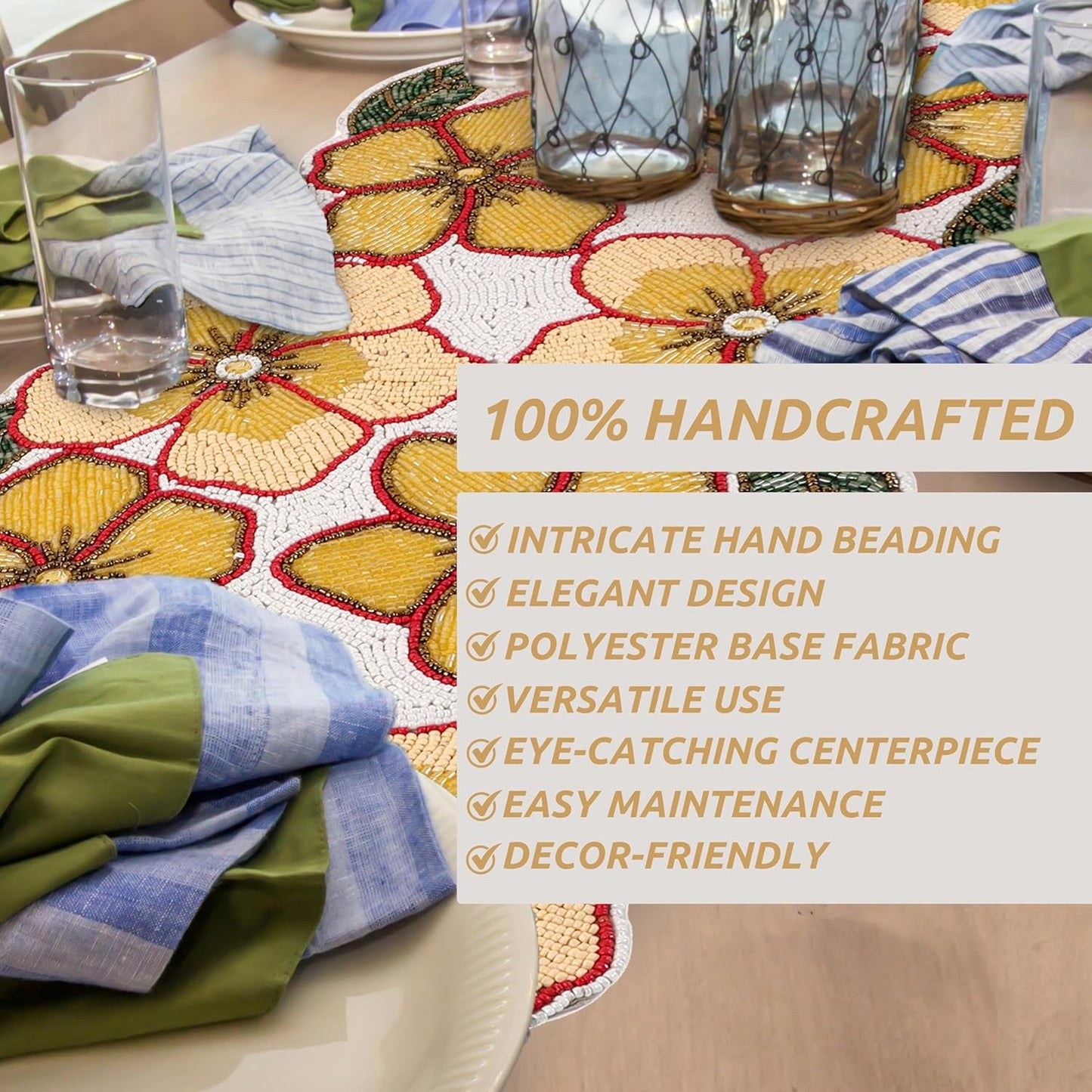 Beaded Table Runners 36 Inches, Hand Beaded Decorative Farmhouse Glitz Table Runner for Christmas Wedding Baby Shower Bridal Shower, Seasonal Winter Holiday Kitchen Dining Table - CLEENTABLE