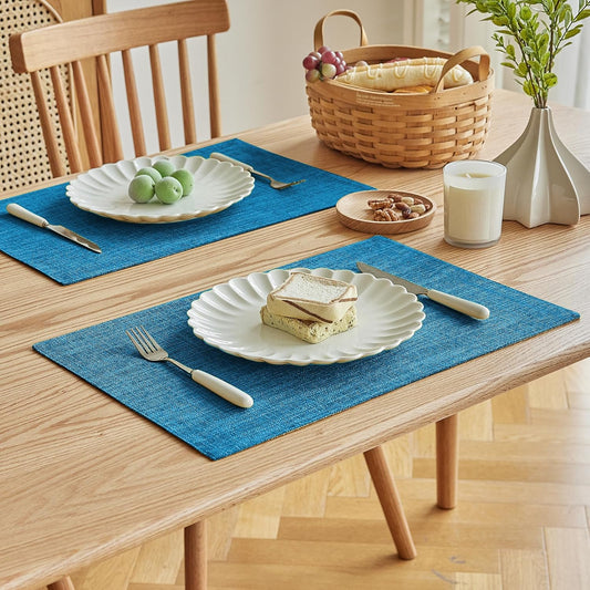 Softalker Faux Linen Placemats Set of 12-12 x 18 Inch, Heat Resistant Double Layered Durable Burlap Farmhouse Place Mats, Non-Slip Washable Rustic Table Mats for Dining, Kitchen, Party（Sky Blue