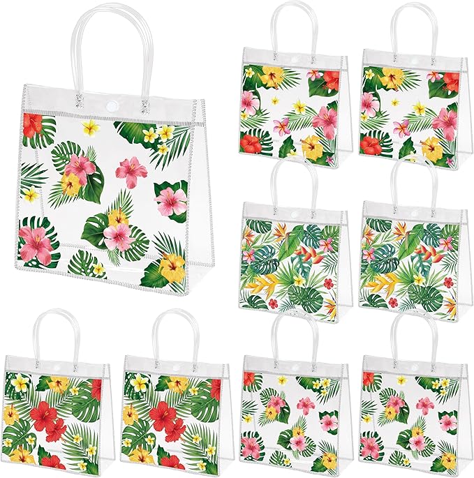 H1vojoxo Hawaiian Luau Gift Bags - 24PCS Hawaiian Luau Party Favors Bags Summer Luau PVC Clear Gift Bag with Handle Summer Tropical Palm Leaves Plastic Transparent Gifts Bag for Hawaiian Party Favor