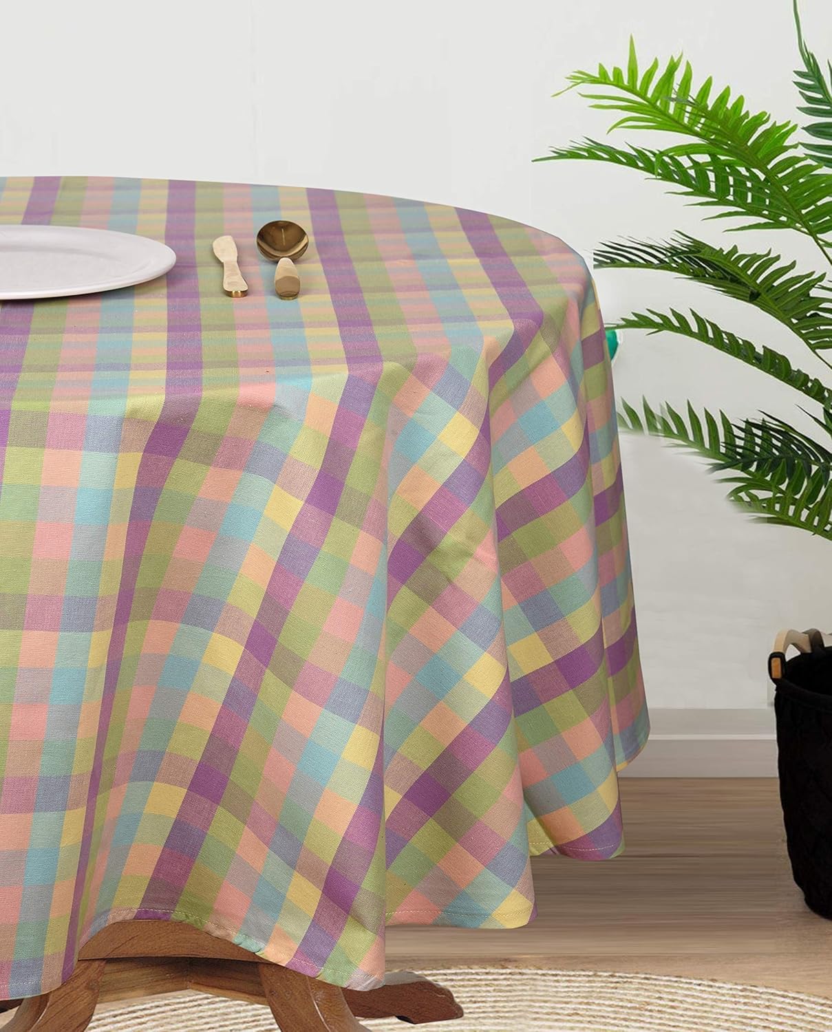 Urban Villa Easter Tablecloth Buffalo Check Table Cloth Tabletop Cover Kitchen Dining Tablecloth 100% Cotton Great Parties Wedding Holiday Dinner Easter Color Round 70 Inches 4-6 Seats Table Cloth