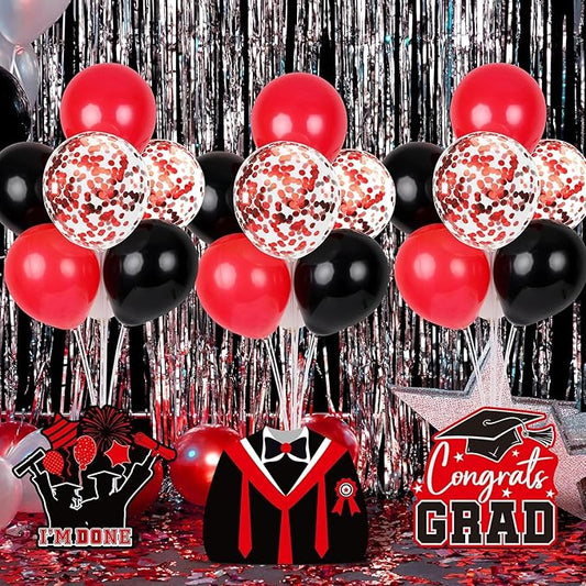 6 Sets Black Red Graduation Balloon Stand Kit for Table Decorations Class of 2025 Congrats Grad Table Centerpiece Grad Prom Themed Decoration for Grad School & College Ceremonies Party Supplies