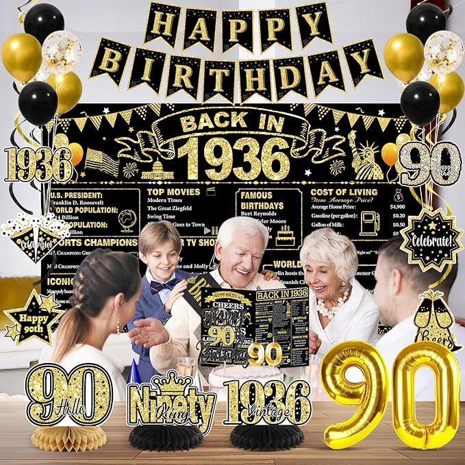 90th Birthday Decorations for Men, Black Gold Back in 1936 Party Supplies Kit with Banner, Backdrop, Sash, Balloons, Cake Topper & Honeycomb Centerpieces, Happy 90 Year Old Birthday Decorations