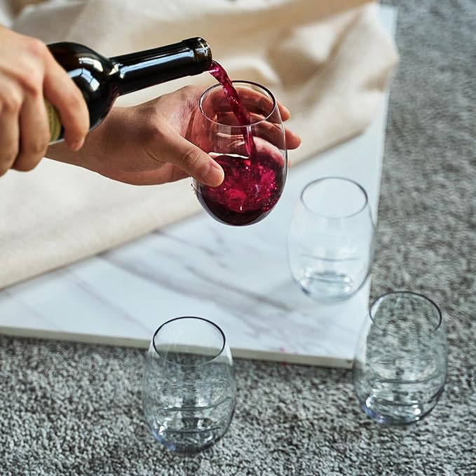 Unbreakable European Plastic Crystal, Stemless Wine Glasses | Set of 4, 13.5 OZ | Acrylic Tritan Set with 3-Finger Indentations - Clear Short Tumbler Set, BPA Free, Reusable, Naturally Aerates Wine
