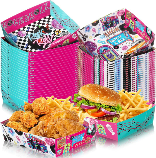 Layhit 48 Pcs 1950s Party Supplies 5 lb Food Boats Large Paper Serving Trays Burger Fries Hot Dog Taco BBQ Popcorn for Rocking Music Sock Hop Birthday 1950s Theme Party