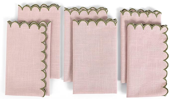 FINGERCRAFT Cloth Napkins, Everyday Use Scallop Design, Premium Quality Cotton Napkin Set of 6 Perfect for Parties Dinners Weddings Easter Napkin Cloth 20x20 inch Pink/Olive Green