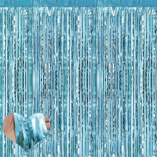 4 Pack Fringe Curtain Backdrop, 3.2Ft x 9.8Ft Light Blue Metallic Tinsel Foil Fringe Streamers Background for Photo Booth Birthday Wedding Baby Shower Easter Pool Ocean Underwater Party Decorations