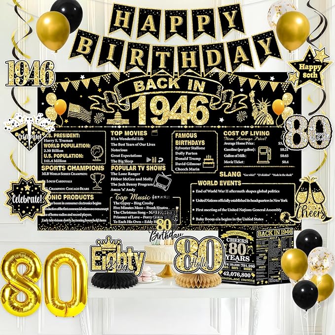 80th Birthday Decorations for Men, Black Gold Back In 1946 Party Supplies Set with Sash, Banner, Backdrop, Balloons, Cake Topper for 80 Year Old Birthday Decorations