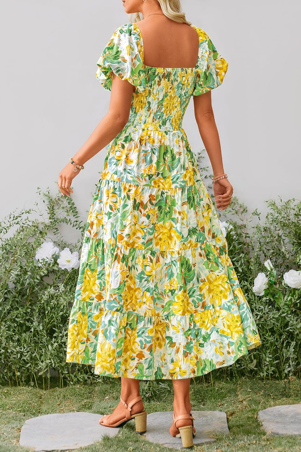 PRETTYGARDEN Women's Casual Summer Midi Dress Puffy Short Sleeve Square Neck Smocked Tiered Ruffle Dresses
