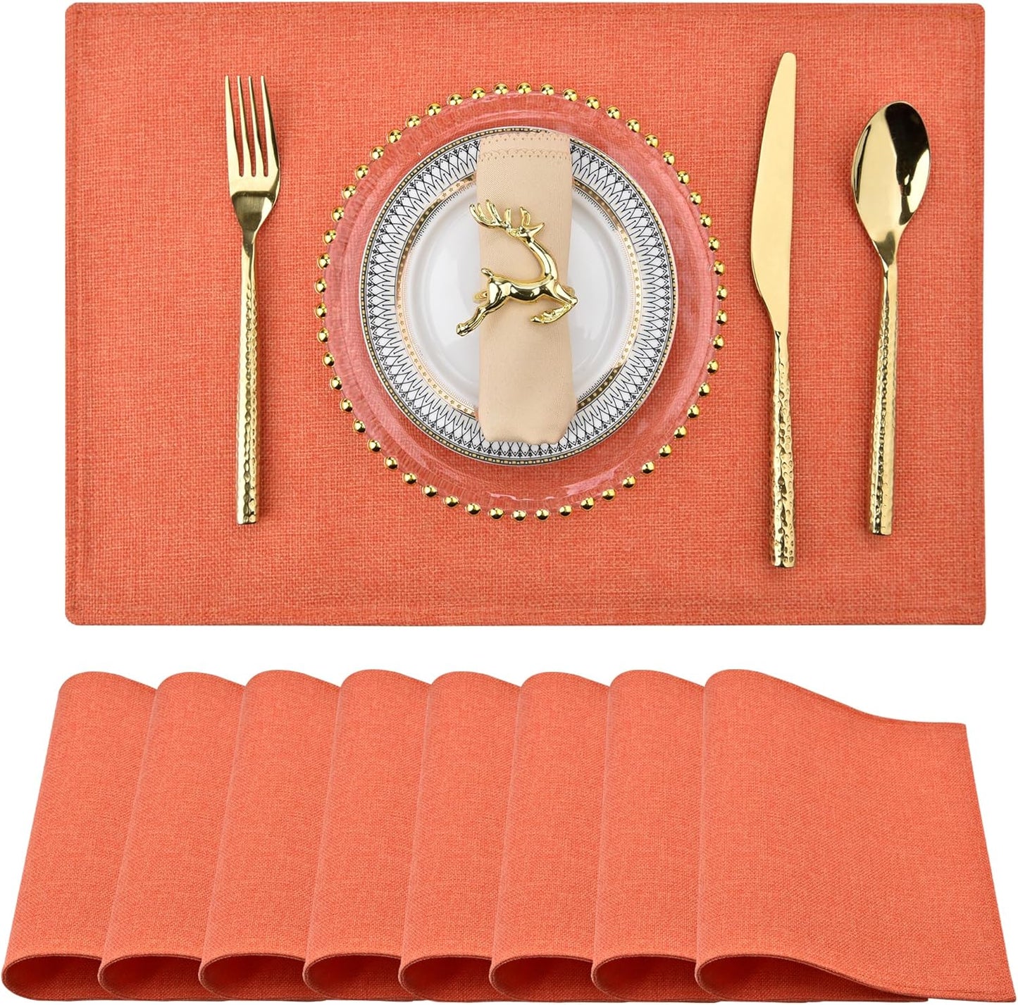 SLKQG Thanksgiving Linen-Look Placemats Set of 8 - Heat Resistant & Machine Washable Table Mats for Holiday Dining, Double-Layered Fabric for Family Gatherings - Indoor Outdoor Use (8, Orange)