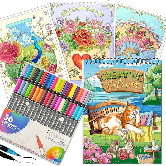 Kalysky Adult Coloring Book with Markers - Spiral Bound Coloring Book for Adults Relaxation with 36 Premium Markers | Stress Relief, Art Therapy, Mindfulness Gift