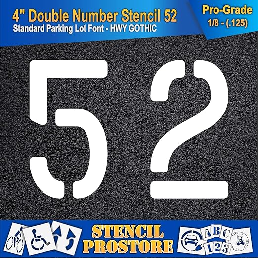 Pavement, Curb, and WheelStop Stencils - 4 inch Double Number Stencil - (52) - 4" x 5.5" x 1/8" (128 mil) - Pro-Grade
