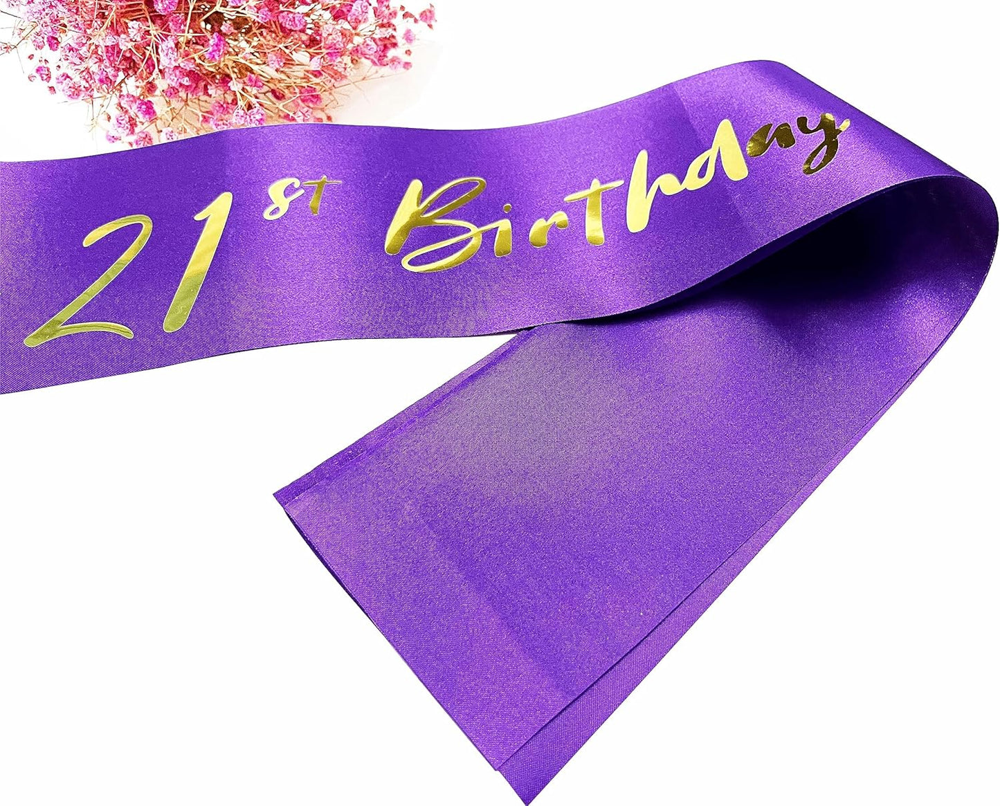 21st Birthday Sash, Purple Satin Soft Sashes with Gold Foil Letter, Birthday Decorations for Girls, Happy 21st Birthday Party Favor Supplies,Purple Gold