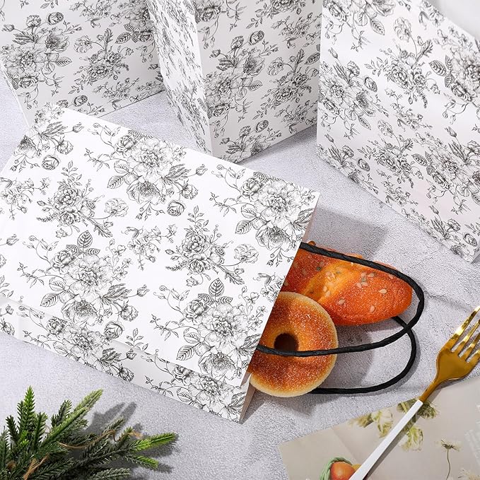 JarThenaAMCS 24Pcs Black Floral Kraft Paper Bags with Handles Chinoiserie Treat Gift Bags Vintage Flower Candy Goodie Bag for Wedding Birthday Baby Shower Party Favors Supplies