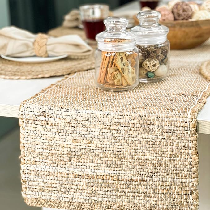 Chardin Home 13x90 Inch Handcrafted Table Runner – Eco-Friendly Natural Jute and Hemp – Rustic Boho Farmhouse Table Decor – Sustainable Dining Table Accent for Everyday or Special Occasions